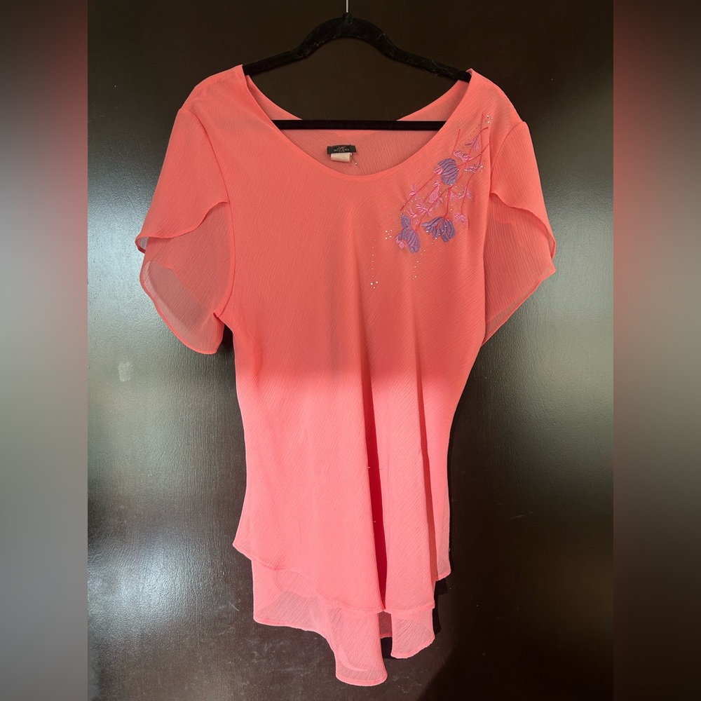 Vintage Coral Pink Flutter Sleeve Blouse with Floral Detail